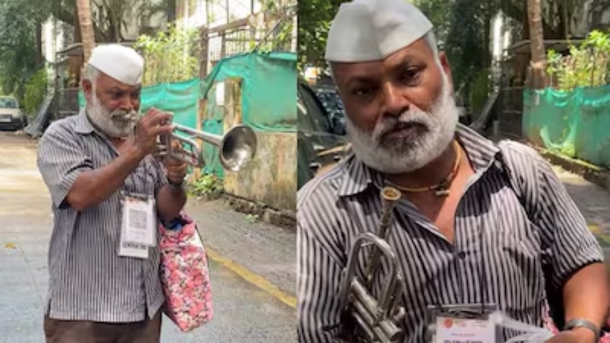Trending video, Elderly trumpet musician Vasant Rao Pawar playing on the street with a QR code around his neck