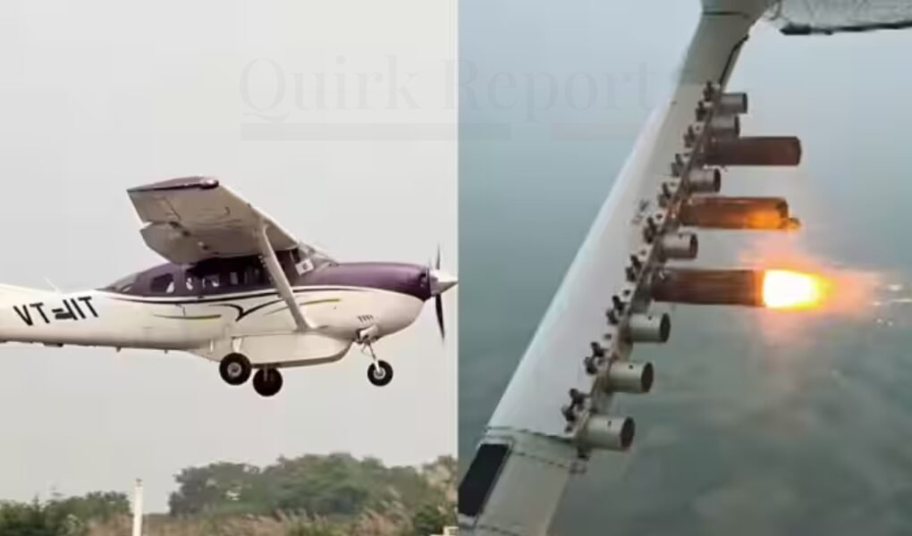 Aircraft conducting cloud seeding over smog-covered Delhi skyline to reduce pollution levels — latest updates on artificial rain in Delhi.