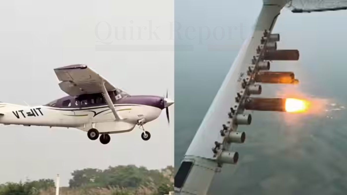 Aircraft conducting cloud seeding over smog-covered Delhi skyline to reduce pollution levels — latest updates on artificial rain in Delhi.