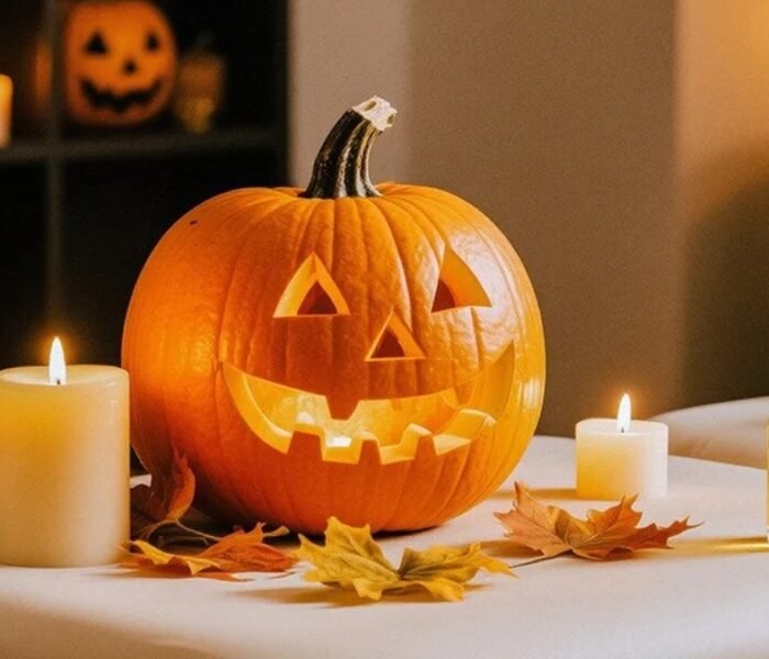 Provide alt text, title, and description for the Halloween pumpkin image.