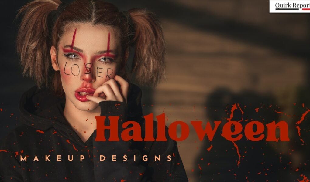 Woman with dramatic halloween makeup design featuring bold red eye lines and text art, representing creative halloween makeup ideas.