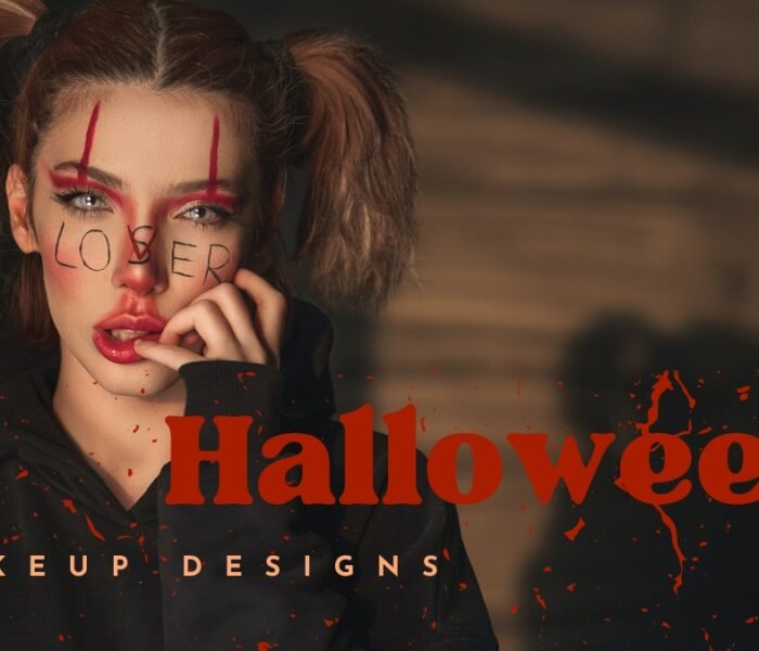 Woman with dramatic halloween makeup design featuring bold red eye lines and text art, representing creative halloween makeup ideas.