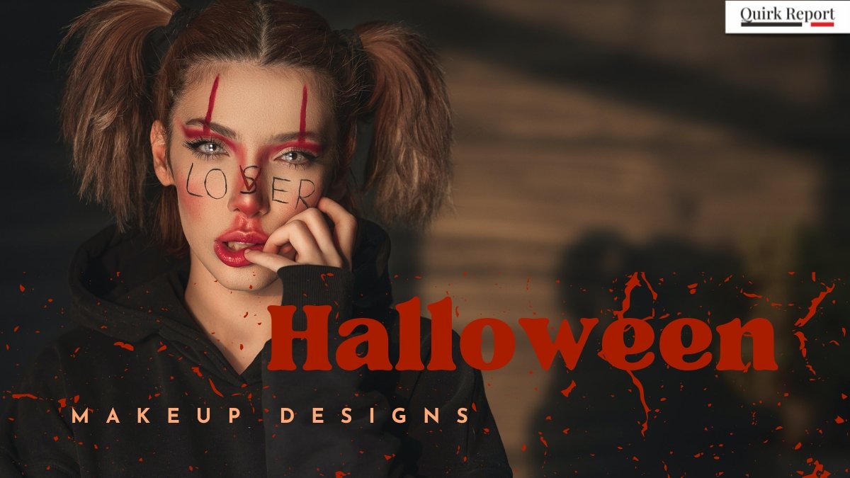 Woman with dramatic halloween makeup design featuring bold red eye lines and text art, representing creative halloween makeup ideas.