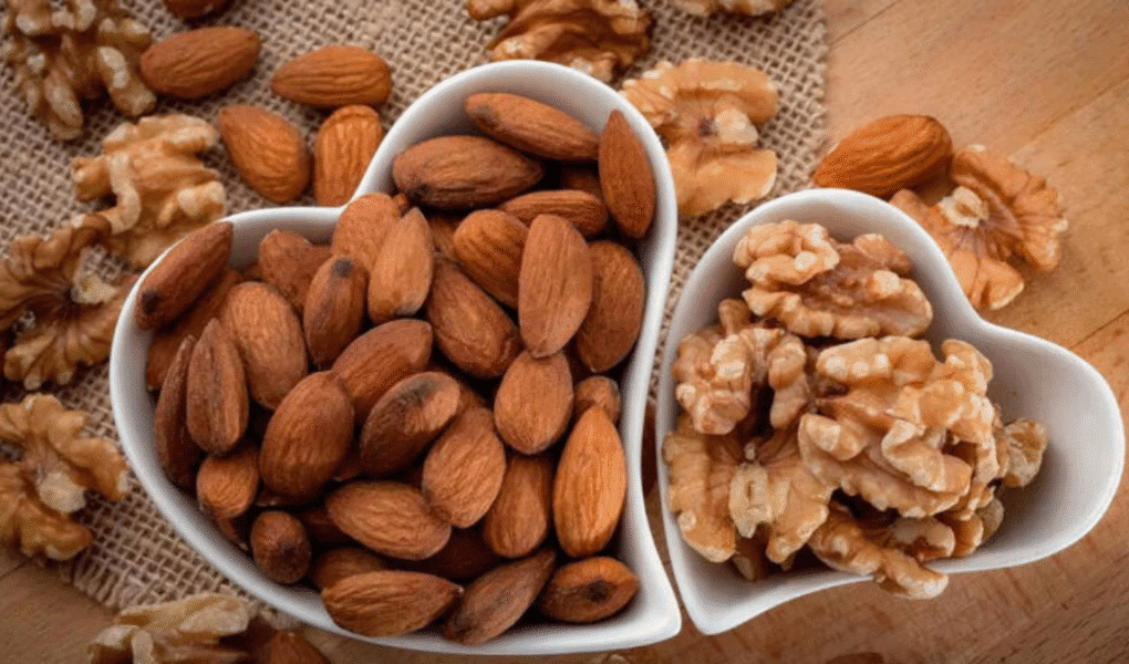 cup of dry fruits, almonds and walnuts
