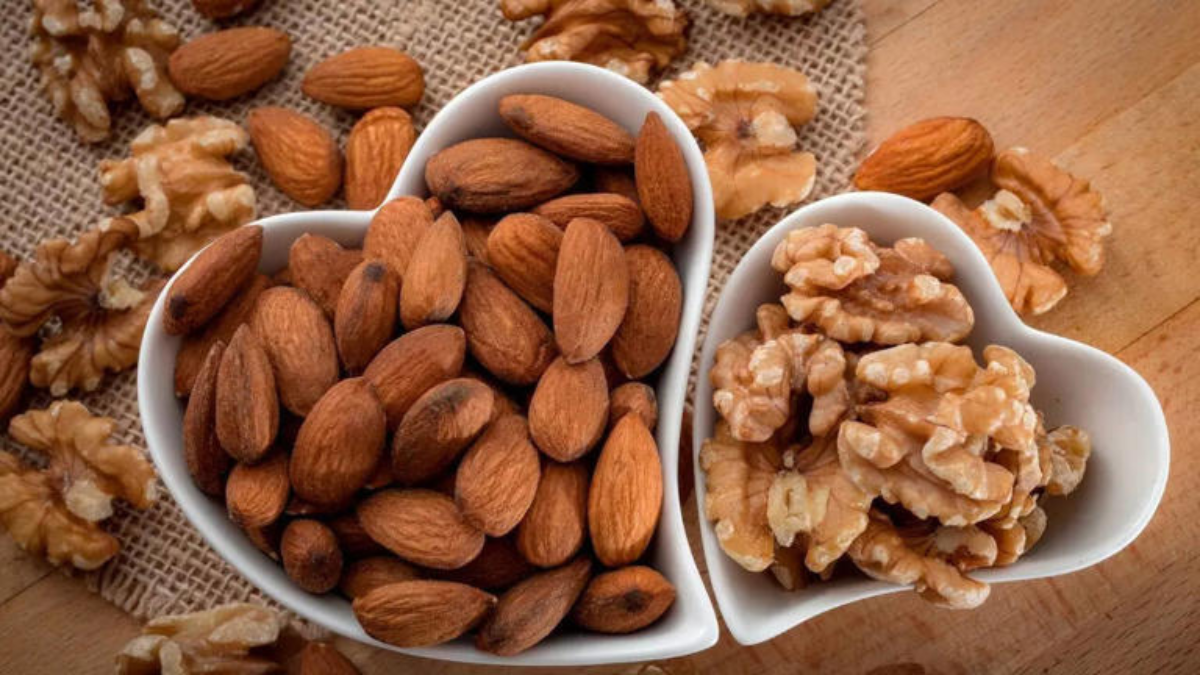 cup of dry fruits, almonds and walnuts