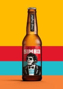 A condensation-covered bottle of Simba Lager beer, featuring a lion in a suit and sunglasses on the label, against a vibrant yellow, red, and blue background, representing the growth of modern Indian Beer Brands.