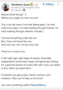 LinkedIn India viral post ‘Open To Marry’ trend shared by Mumbai CEO