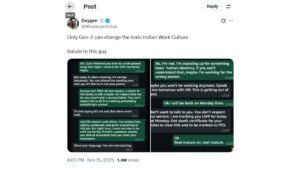 A **Trending** X/Twitter post showing the viral WhatsApp chat between an employee and a manager, where the manager demands a client meeting despite the employee reporting a death in the family, with the post caption 'Only Gen-Z can change the toxic Indian Work Culture.'