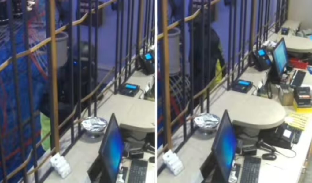 Split screen of a dark, blurry surveillance camera footage showing a person wearing dark clothing moving behind a protective grill in a service area, the subject of a recent viral video about a security incident.
