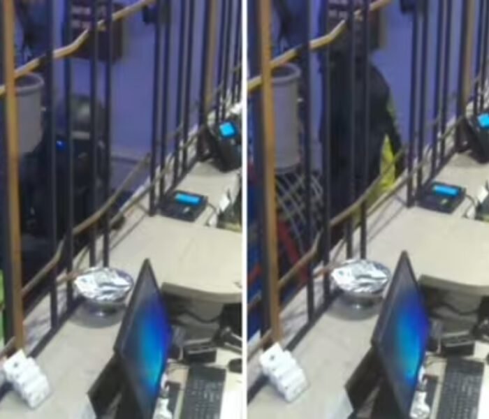 Split screen of a dark, blurry surveillance camera footage showing a person wearing dark clothing moving behind a protective grill in a service area, the subject of a recent viral video about a security incident.