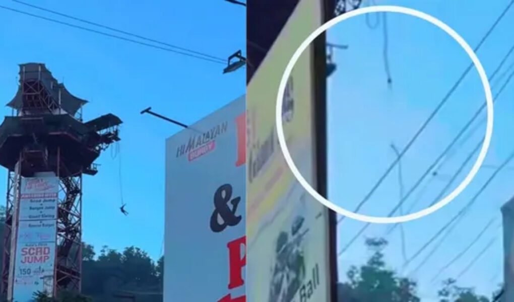 Split image showing a person falling from a tall tower during bungee jumping in Rishikesh after the rope snapped.