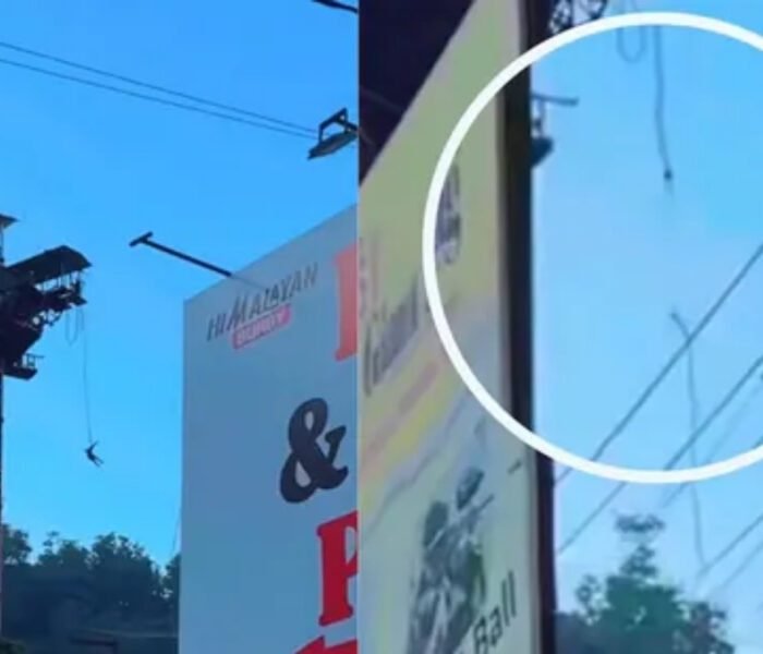Split image showing a person falling from a tall tower during bungee jumping in Rishikesh after the rope snapped.
