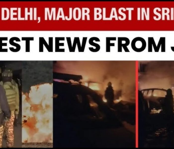 Image shows security personnel near a fire and damaged vehicles following the major Srinagar blast, with text headlines about J&K news