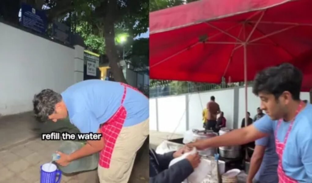 Viral video still showing a hardworking BCom graduate street food vendor refilling water and serving customers from his busy stall.