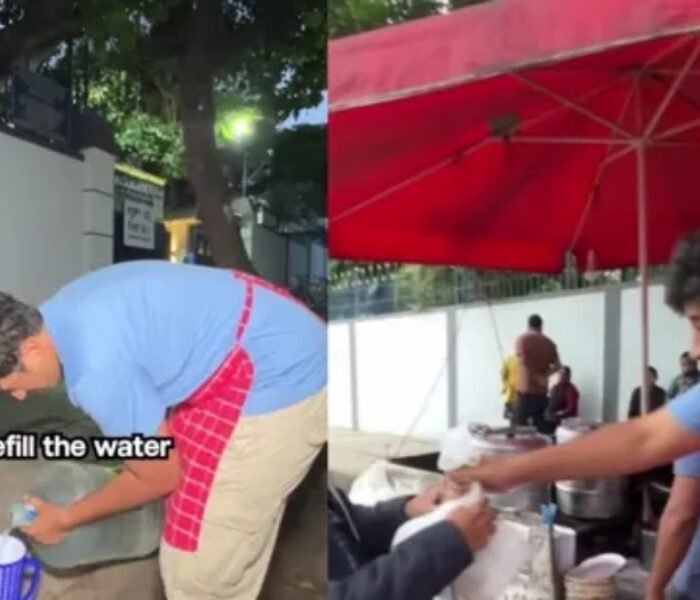 Viral video still showing a hardworking BCom graduate street food vendor refilling water and serving customers from his busy stall.