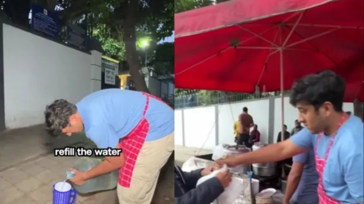 Viral video still showing a hardworking BCom graduate street food vendor refilling water and serving customers from his busy stall.