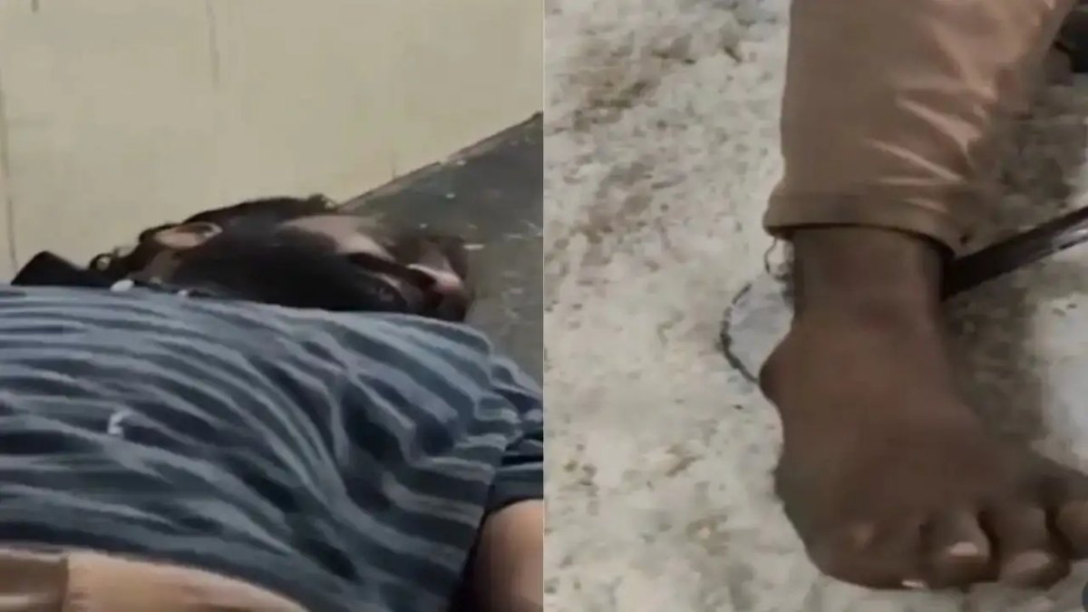 Composite image showing a man lying on the floor and a close-up of a bare foot, potentially a scene from a controversial viral video.