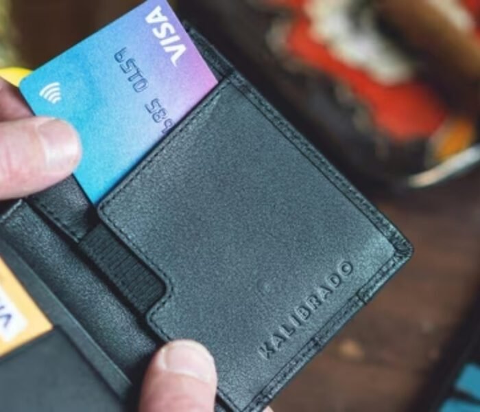 A hand taking a gradient blue and purple **Visa** card out of a black leather wallet, representing payment and travel documents in the context of the Iran entry suspension news.