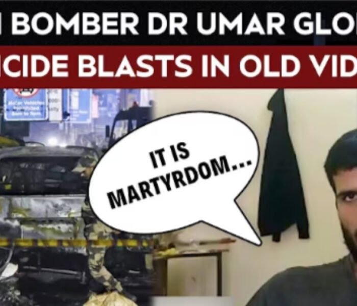 Composite image from a viral video featuring the alleged Delhi Bomber, Dr. Umar, on the right, and the charred vehicle from the Red Fort blast on the left, with the caption "IT IS MARTYRDOM..." The image highlights the extreme views revealed in the shocking **News** story.