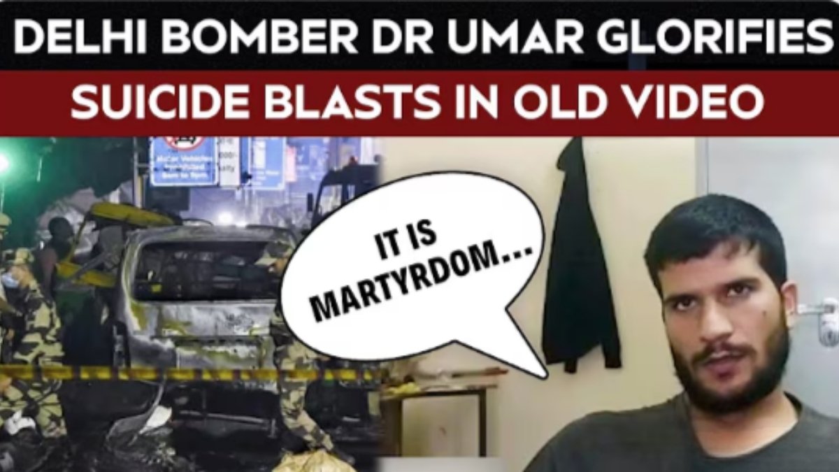 Composite image from a viral video featuring the alleged Delhi Bomber, Dr. Umar, on the right, and the charred vehicle from the Red Fort blast on the left, with the caption "IT IS MARTYRDOM..." The image highlights the extreme views revealed in the shocking **News** story.