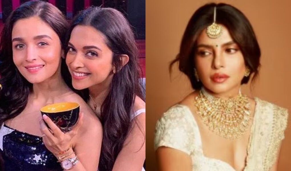 Collage image of Bollywood actresses: Alia Bhatt and Deepika Padukone smiling together on the left, and a headshot of Priyanka Chopra wearing heavy gold jewelry on the right, highlighting the record-breaking salary news that went **viral**.