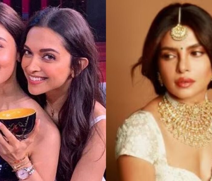 Collage image of Bollywood actresses: Alia Bhatt and Deepika Padukone smiling together on the left, and a headshot of Priyanka Chopra wearing heavy gold jewelry on the right, highlighting the record-breaking salary news that went **viral**.