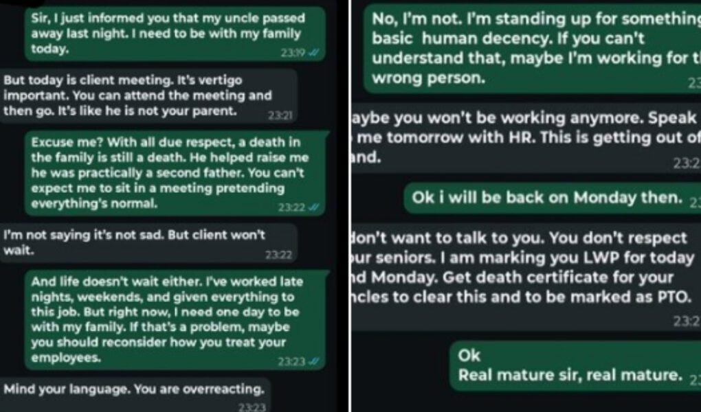 Screenshot of a WhatsApp conversation between an employee asking for leave due to a death in the family and their manager denying it, demanding a client meeting, which went **Trending** on social media for showing poor management ethics.