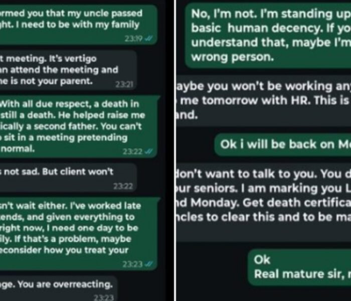 Screenshot of a WhatsApp conversation between an employee asking for leave due to a death in the family and their manager denying it, demanding a client meeting, which went **Trending** on social media for showing poor management ethics.