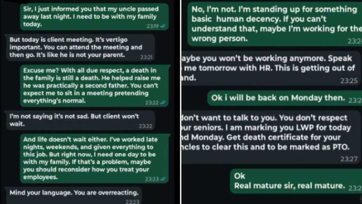 Screenshot of a WhatsApp conversation between an employee asking for leave due to a death in the family and their manager denying it, demanding a client meeting, which went **Trending** on social media for showing poor management ethics.