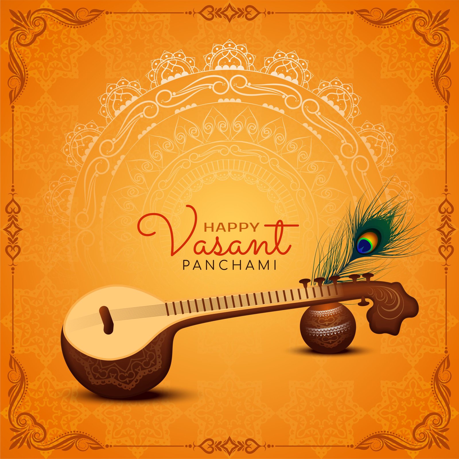 when is Vasant Panchami 2026 celebration with veena and peacock feather on yellow background