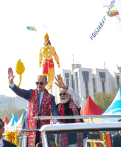 Symbolic kites depicting Operation Sindoor Lord Hanuman and Indian Tricolour at Ahmedabad Kite Festival
