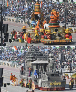 Colorful cultural tableaux from Indian states moving along Kartavya Path during Republic Day Parade with massive crowds watching