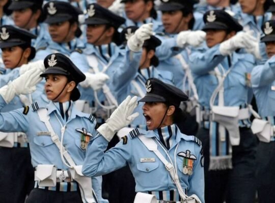 Indian Air Force women officers marching in precision formation during Republic Day Parade 2026 at Kartavya Path New Delhi