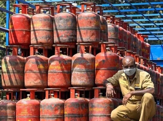 LPG cylinders stacked at distribution center as Delhi announces free LPG cylinder scheme for economically weaker households